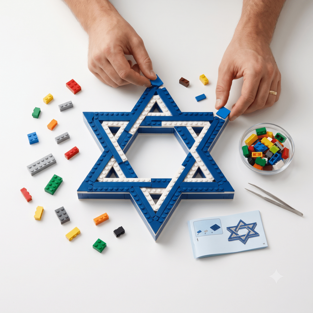 ידיים מרכיבות מגן דוד מאבני בנייה כחולות ולבנות על שולחן לבן, לצד אבנים צבעוניות וחוברת הוראות